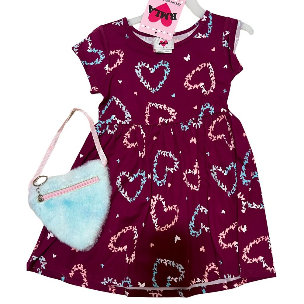 RMLA Burgundy Toddler Dress Butterfly Hearts Fluffy Tie Dyed Purse 2T 4T Valenti